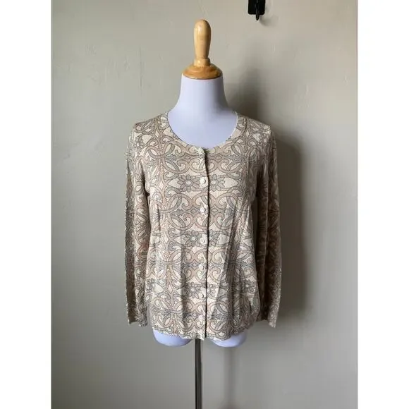 Talbots Black Label Gold Metallic Scroll and Floral Cardigan Sz L Petite NWT - Picture 9 of 11